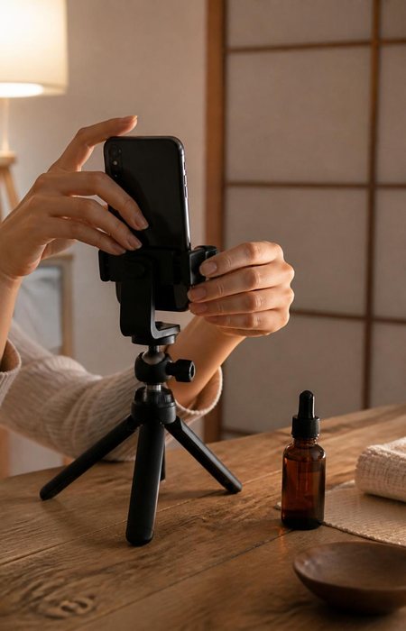 スマホを三脚に取り付けて、最初の1本を撮る準備をする手元(イメージ)